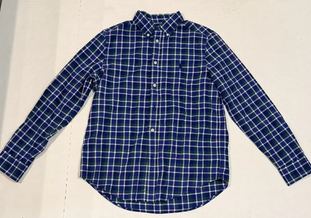 Ralph Lauren Boys L 14-16 Blue Green Plaid Button Down Long Sleeve Shirt Pony